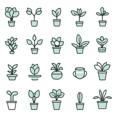 minimalist cute icon sheet of plant icons, pale green color palette