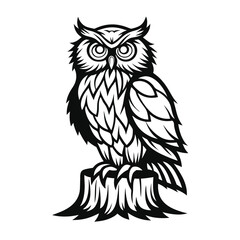 Fototapeta premium Striking Black and White Owl Silhouette on Stump, Detailed Feathers & Piercing Gaze