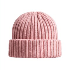 Pink knitted beanie hat isolated on white background studio shot