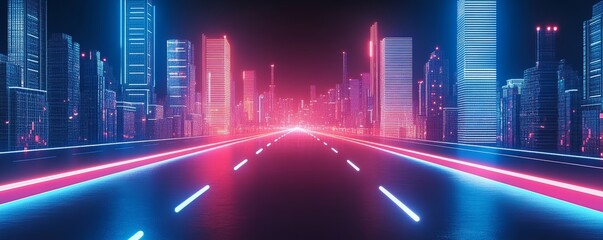 Fototapeta premium Glowing cityscape at night with futuristic towers made of pixel art and neon lights
