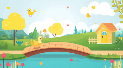 A cheerful landscape with a duck on a bridge, surrounded by trees, flowers, and a cozy house.