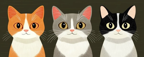 The pixel art portraits depict three unique cats: an orange tabby cat, a cat with orange and white fur, and a black and white cat
