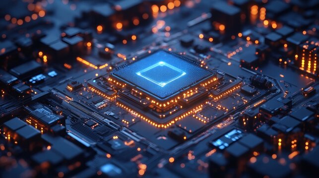 Sleek technology-inspired blue layout background with interactive circuit flow and 3D hex elements 