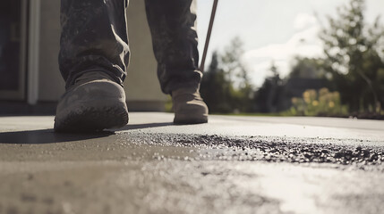 Concrete worker smoothing out a fresh layer of concrete on a driveway. Featuring concrete work and surface finishing