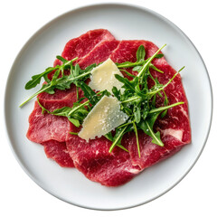 Fresh Raw Beef Carpaccio with Arugula and Parmesan on White Plate