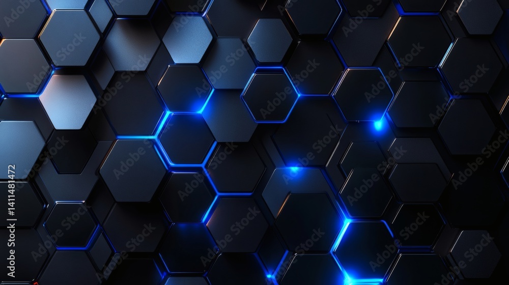 Poster futuristic matrix background featuring blue current lines and translucent layered hex shapes