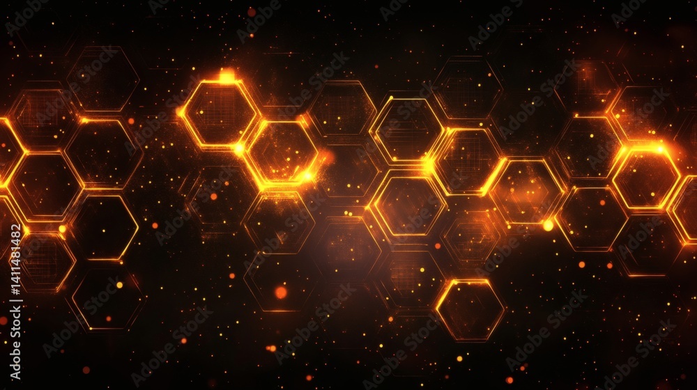 Poster futuristic data network background with radiant hex tiles and high-contrast circuit layouts