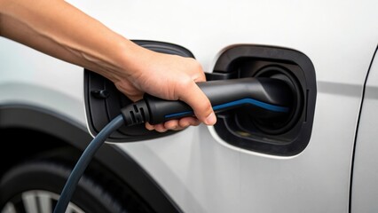 Fototapeta premium A person plugs in an electric vehicle charging cable, emphasizing the transition to sustainable transportation.