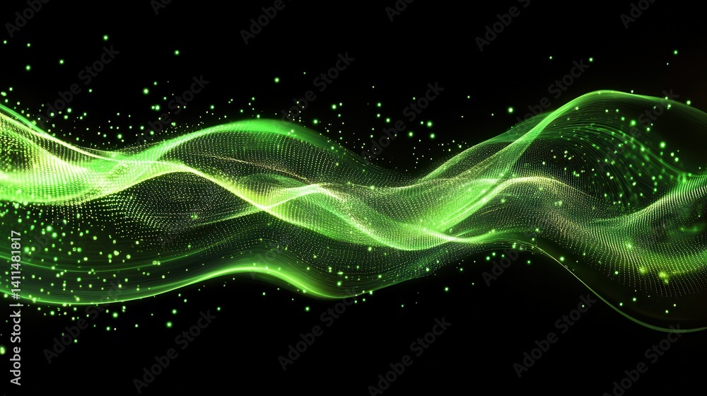 Poster green particle waves flow across black background, some particles are floating. perfect for science,