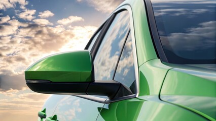 Close-up of a green car's side mirror reflecting clouds and sky, showcasing modern design and vibrant color.