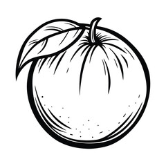 Stylized Black Outline of a Round Orange Fruit with Leaf on a White Background