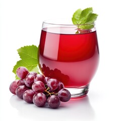 Refreshing glass of red grape juice with vibrant grapes and lush grape leaves on a clean white background creating a healthy, vibrant lifestyle image