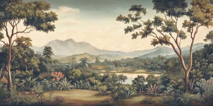 Wallpaper serene tropical landscape painting in pastel tones