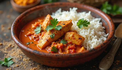 Delicious Chicken Curry with Rice in a Terracotta Bowl