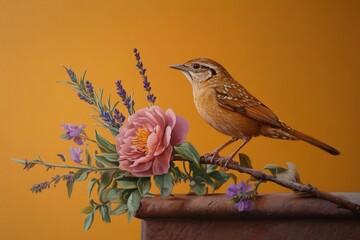 A Detailed Artwork Depicting a Songbird Among Spring Flowers.