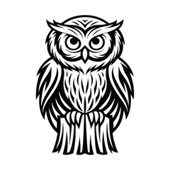 Fototapeta premium Stylized Owl Intricate Black and White Bird Design on White Background