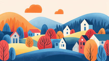 A colorful, illustrated landscape featuring hills, houses, and autumn trees.