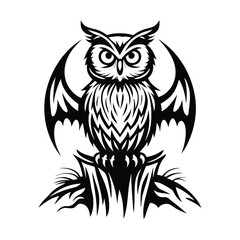 Stylized Owl Perched on Branch with Detailed Feathers in Black and White Silhouette