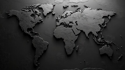 Modern Elegance: A Black 3D World Map Showcasing Continents and Landmasses in High Relief on a Subdued Dark Background, Perfect for Artistic Geographical Displays