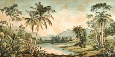 Wallpaper serene tropical landscape painting in pastel tones