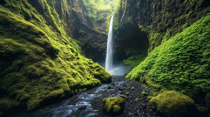 Majestic waterfall cascading down mossy green cliffs in iceland wild calm lush dark view rocks river