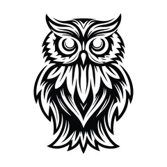 Fototapeta premium Stylized Owl Illustration, Black and White Design, Detailed Feathers, Isolated on White