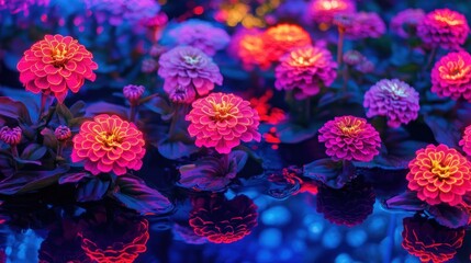Naklejka premium Neon Zinnia flowers bloom reflecting in water, night garden