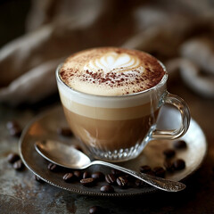 A glass cup showcasing a perfectly layered cappuccino, with rich espresso at the bottom and creamy foam on top, dusted lightly with cocoa powder