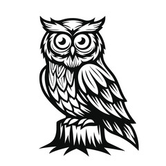 Stylized Owl perched on Stump, Black and White Silhouette, Feather Detail, Wildlife Design