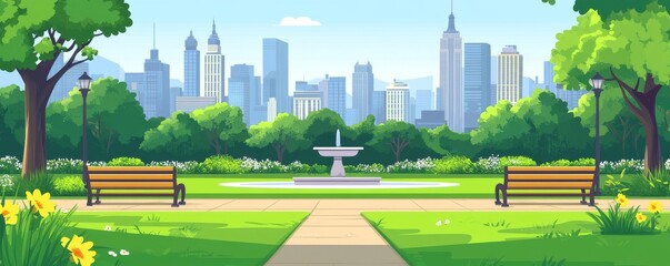 A peaceful urban oasis featuring a bench and fountain set against a bright blue sky