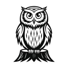 Obraz premium Stylized Owl Silhouette on Stump in Black and White, Detailed Feathers and Sharp Eyes
