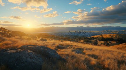 Fototapeta premium Sunset cityscape view from grassy hilltop