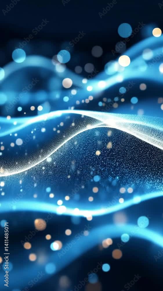 Poster mesmerizing abstract background of flowing blue waves and sparkling light, evoking depth and tranqui