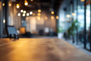 Fototapeta premium Wooden table with blurred modern office, bright bokeh lights in background. It is great for product mockups, showcasing services, or promoting workspace.