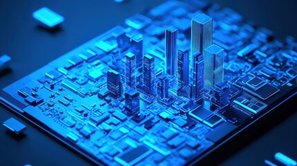 Futuristic Cityscape on Circuit Board