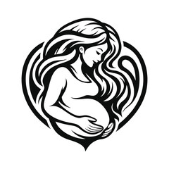 Stylized Pregnant Woman Silhouette with Flowing Hair and Hands on Belly in a Circle