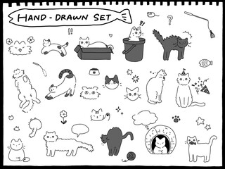 かわいい猫の手描きイラストセット	