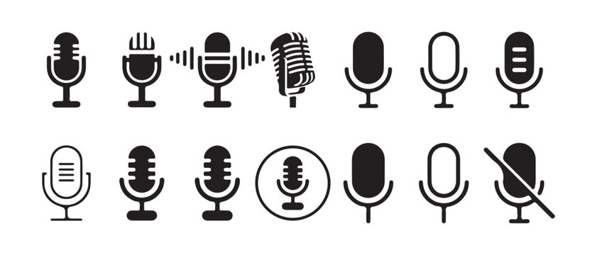 Microphone icon set. Different microphone collection.  podcast icon vector. Voice vector icon, Record. Microphone - recording Studio Symbol. Vector Illustration