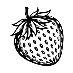 Stylized Strawberry Artwork, Isolated on White, Black and White Fruit with Leaves