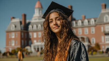 Young graduate smiling outdoors, long curly hair, wearing graduation cap, celebrating achievement in front of historic building with greenery.