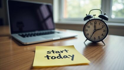 Closed laptop, alarm clock, and sticky note with crossed out start today highlighting the struggle with procrastination