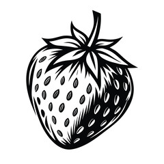 Stylized Strawberry Black and White, Outline Style, Isolated on White