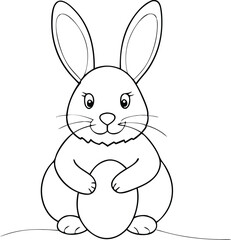 Obraz premium Confident Easter bunny with bold ears and detailed eyes holding a large egg – elegant minimalist line art great for feminine holiday crafts, Easter branding, and printable springtime artwork.