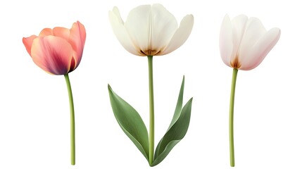 Three Beautiful Tulip Flowers Isolated On White Background