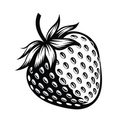 Stylized Strawberry Fruit, Black and White Drawing, Fresh Berry Isolated, Detailed Design