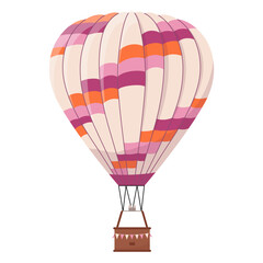 Fototapeta premium Big hot air balloon with colorful pattern. Flying baloon design element for decorating invitation to show, flyer, banner. Aerial travel tourist transport with basket. Flat vector illustration