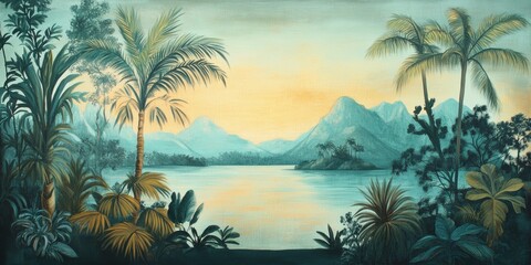 Wallpaper serene tropical landscape painting in pastel tones
