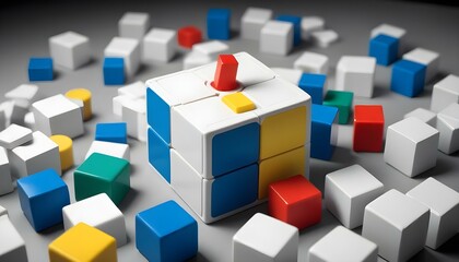 Obraz premium Blank label on the packaging of children's plastic toys. Children's plastic toys. Logic Sorter Cube with Plastic Geometric Shapes