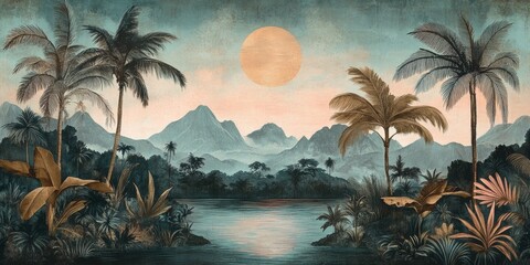 Wallpaper serene tropical landscape painting in pastel tones