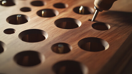 Carpenter drilling holes for screws in a wooden frame. Featuring woodworking and assembly
